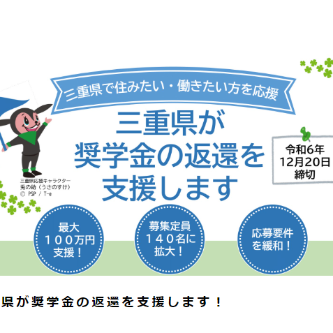 【〆切間近！12/20まで】令和６年度 三重県が奨学金の返還を支援します！